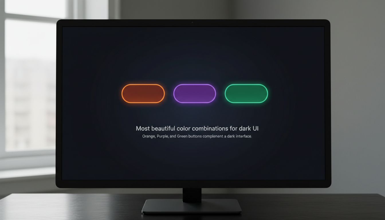 Photorealistic diagram showing button color combinations for dark UI, featuring orange, purple, green, with clear text and natural lighting.