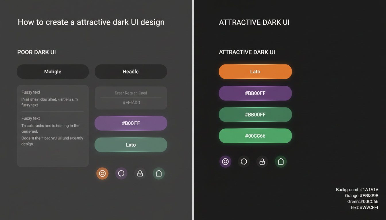 Photorealistic diagram showing dark UI design with orange, purple, green buttons and clear text, under natural lighting.