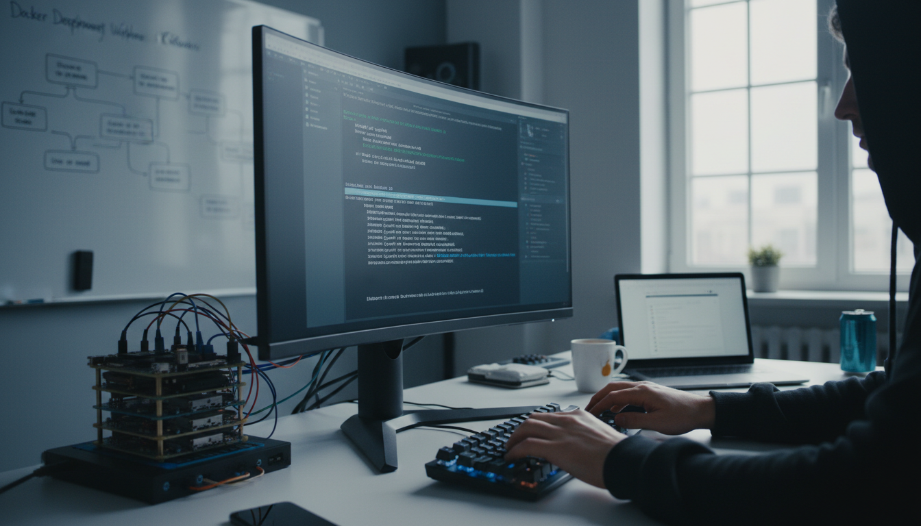 DevOps workspace with laptop showing Docker install on Ubuntu 24.04, server rack, and coffee mug