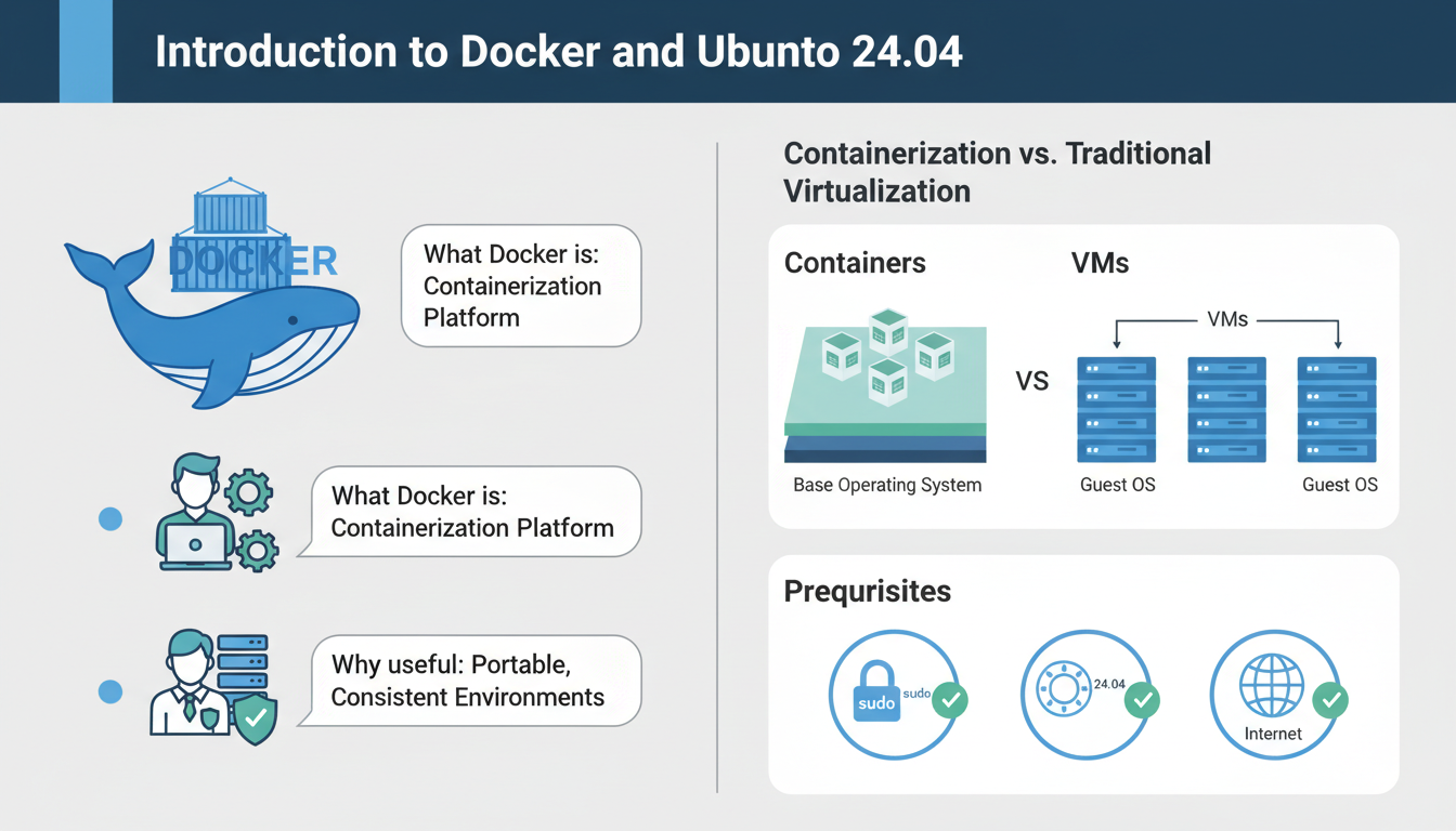 Detailed infographic showing Docker containerization vs traditional virtualization on Ubuntu 24.04, with prerequisites listed.