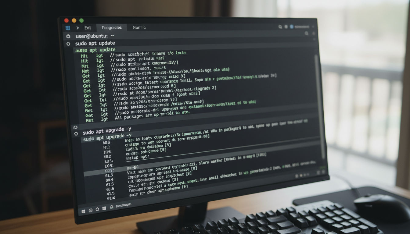 Terminal window showing sudo apt update and sudo apt upgrade -y commands on Ubuntu 24.04.