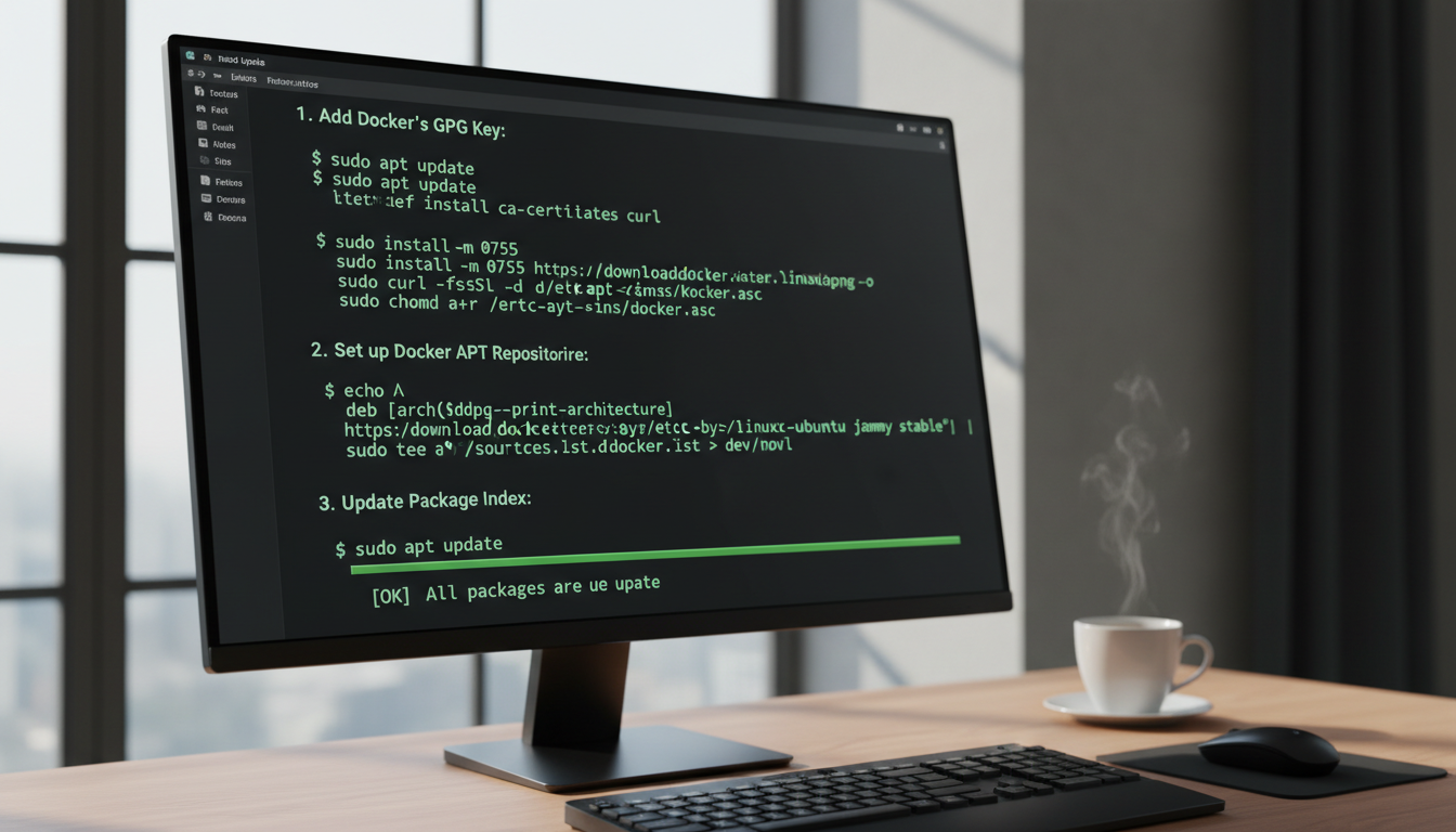 Close-up of terminal commands for adding Docker's GPG key and APT repo on Ubuntu 24.04