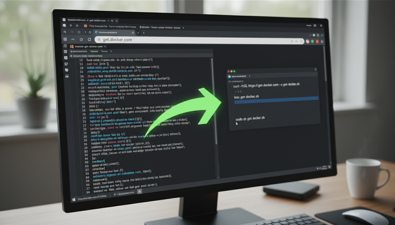 Terminal showing downloading and executing get-docker.sh script on Ubuntu 24.04