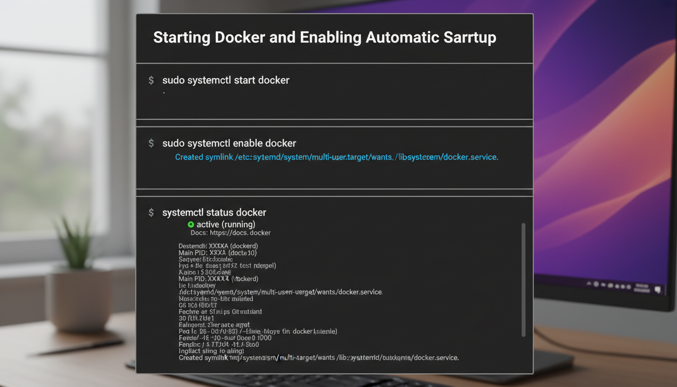 Close-up of terminal showing systemctl commands to start, enable, and check Docker service on Ubuntu 24.04