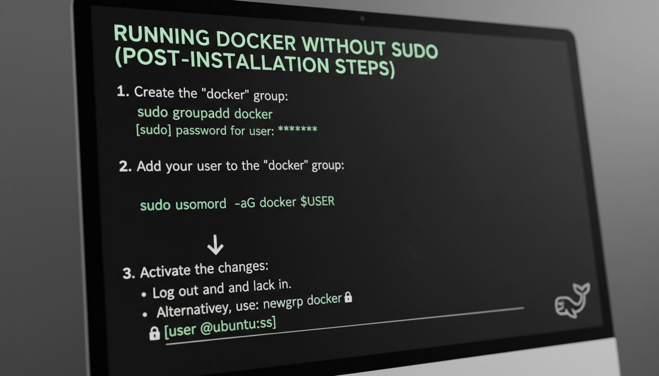 Infographic illustrating post-installation steps to run Docker without sudo on Ubuntu 24.04