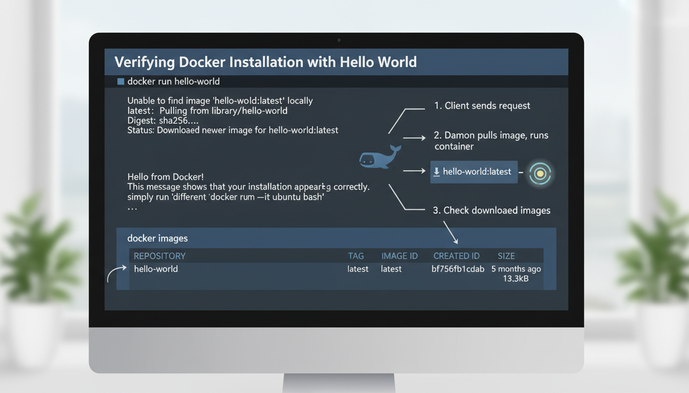 Terminal showing 'docker run hello-world' output and 'docker images' command for Docker installation verification.