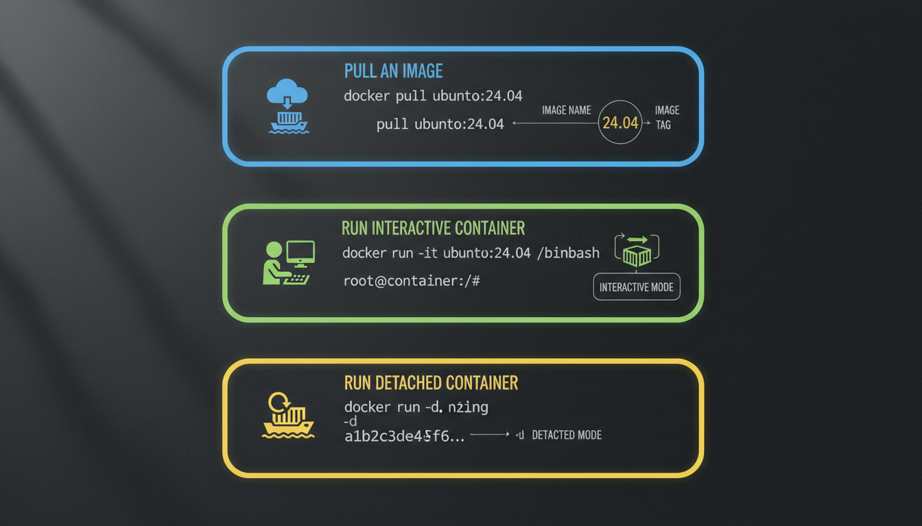 Detailed realistic infographic showing Docker commands: pull, run interactive, and run detached containers on Ubuntu 24.04.