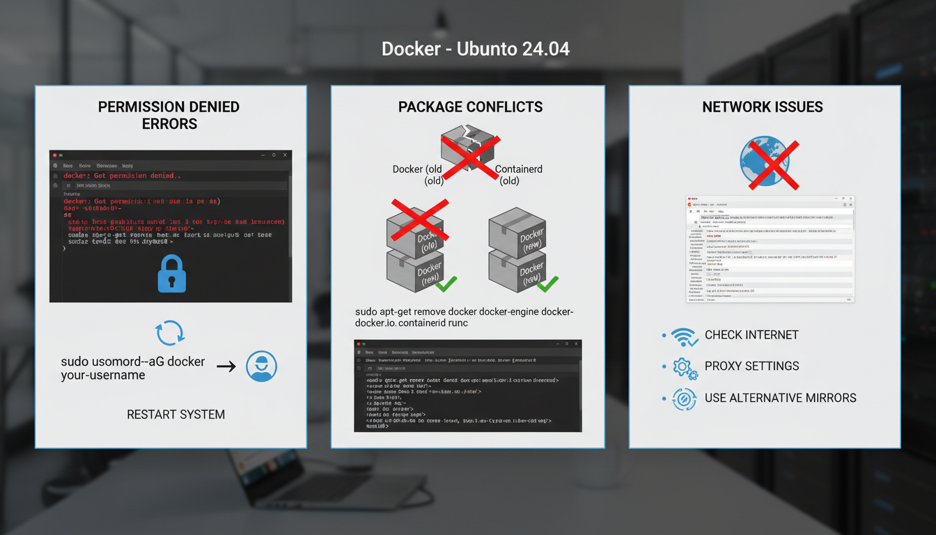 Troubleshooting Docker installation issues: permission, package conflicts, and network errors on Ubuntu 24.04.