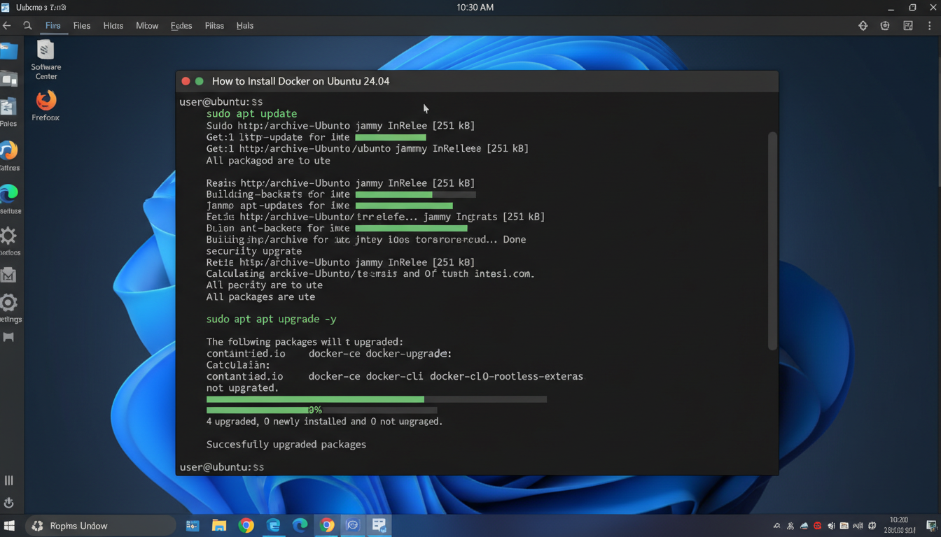 Ubuntu 24.04 terminal updating system packages with apt update and upgrade commands.