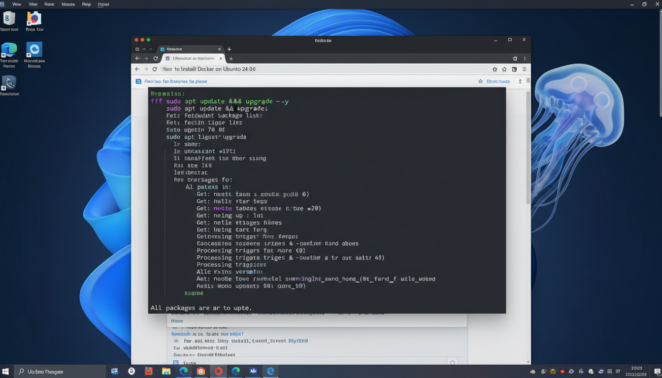 Terminal showing successful system package update on Ubuntu 24.04 before installing Docker.