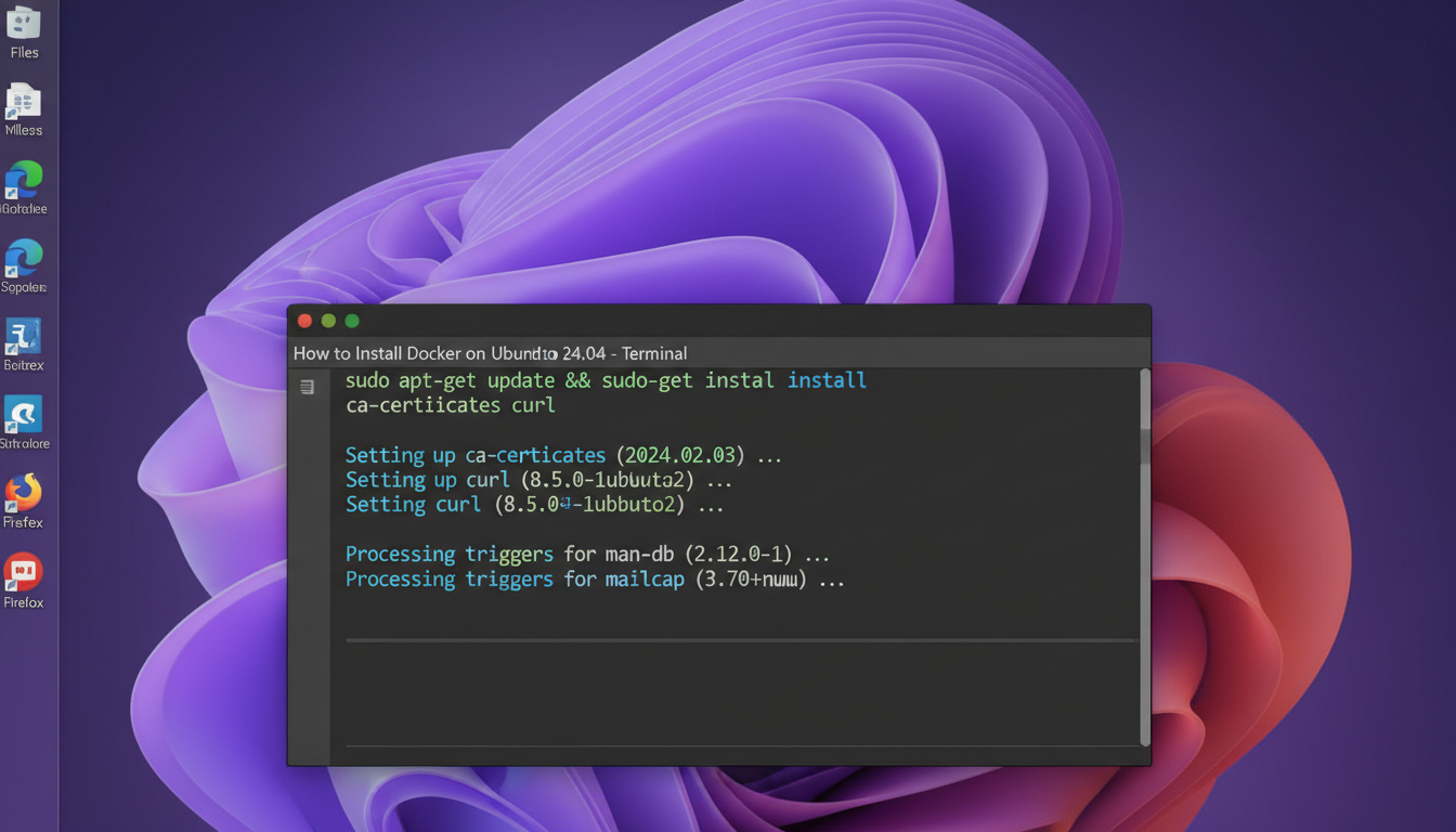 Ubuntu 24.04 terminal showing successful Docker prerequisites installation with 'Setting up' messages.