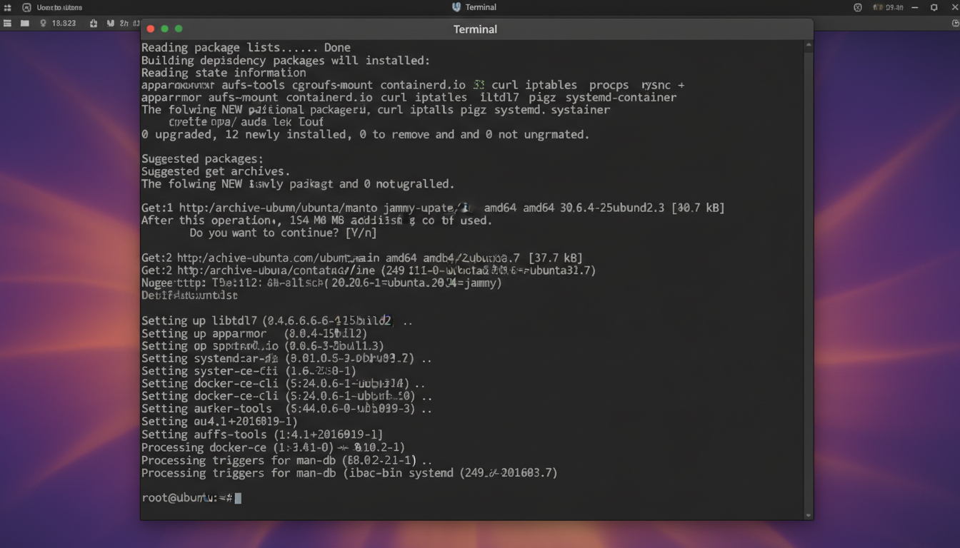 Ubuntu terminal showing successful Docker prerequisite installation with 'Setting up' messages