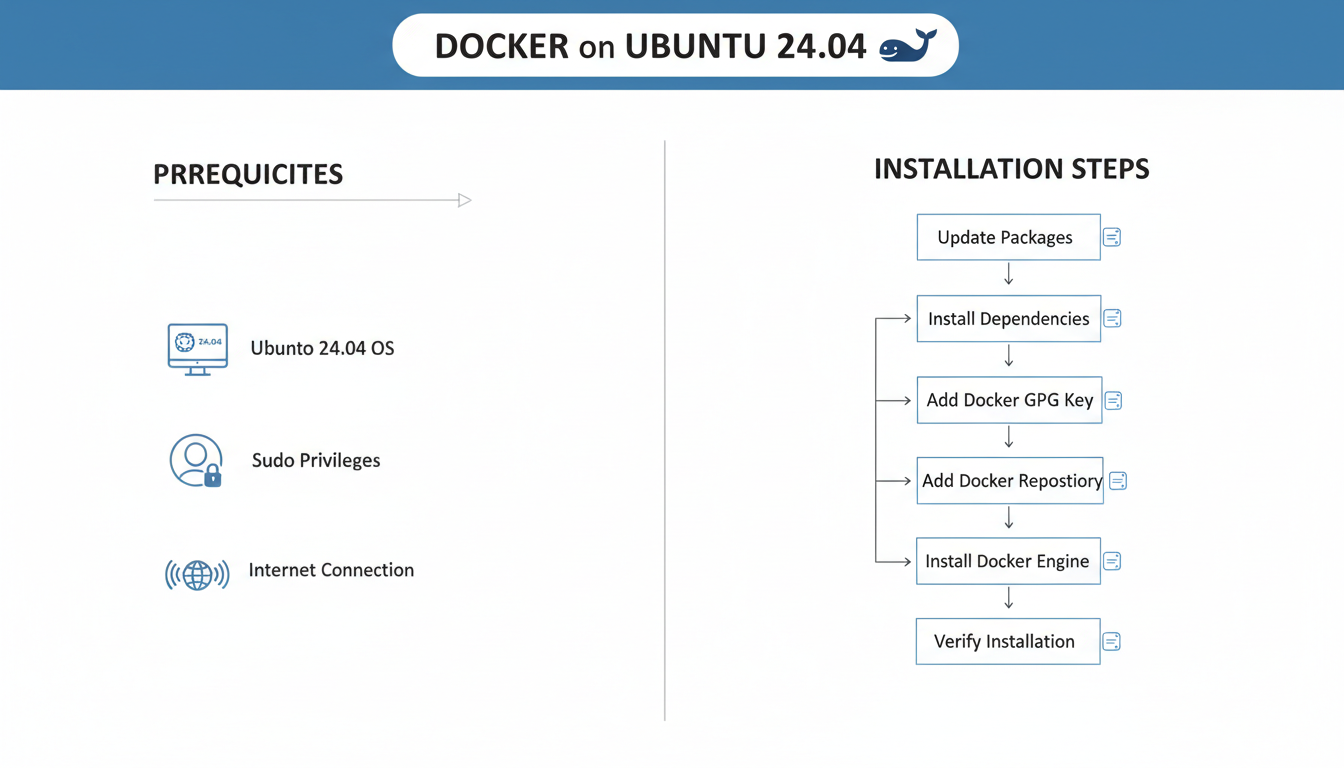 Prerequisites for Docker on Ubuntu 24.04: 64-bit system, kernel 4.0+, sudo access, and network.