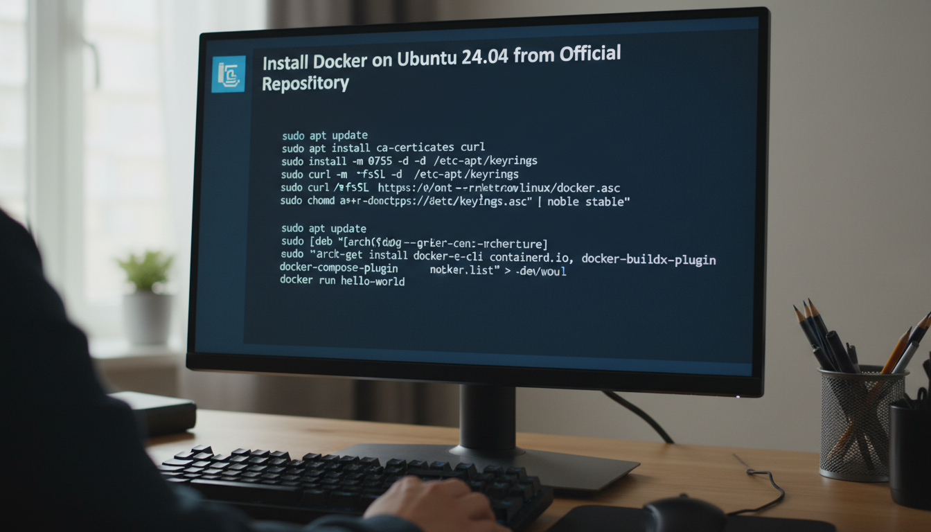 Step-by-step guide installing Docker on Ubuntu 24.04 using official repository commands in terminal