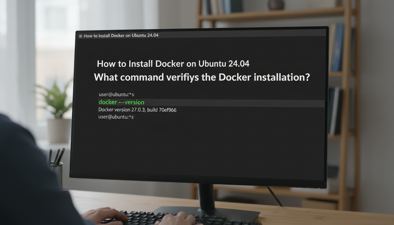 Terminal showing docker --version command verifying Docker installation on Ubuntu 24.04