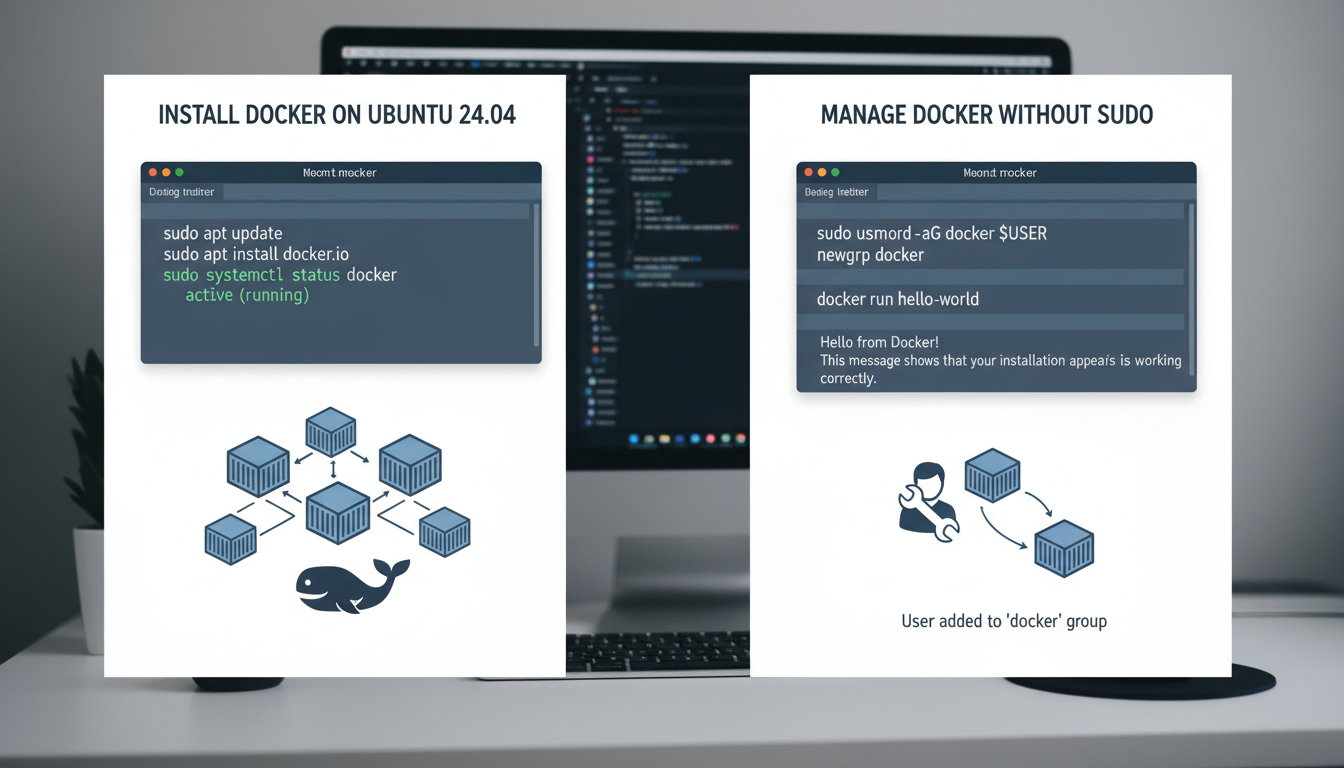Diagram showing how to add a user to the Docker group to run commands without sudo on Ubuntu.