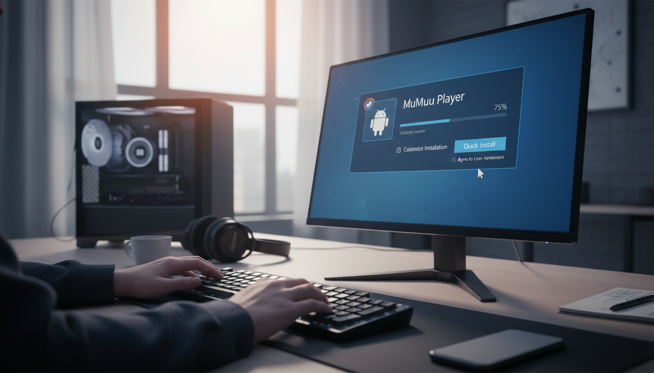 Photorealistic image showing a person installing Mumu Player on a Windows PC in a professional environment.