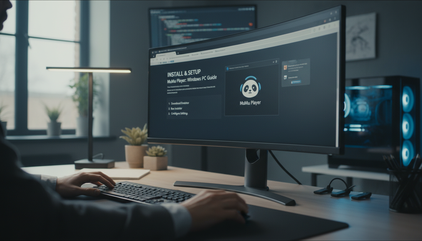 Photorealistic wide banner showing a modern tech workspace with a Windows PC setup for installing Mumu Player, detailed and sharp.
