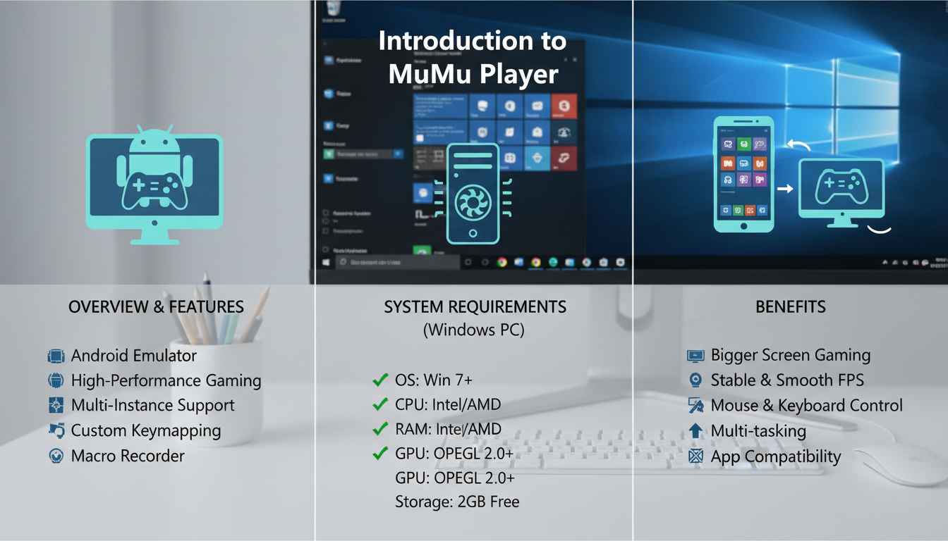 Photorealistic close-up of MuMu Player interface highlighting features, system requirements, and benefits on Windows PC.
