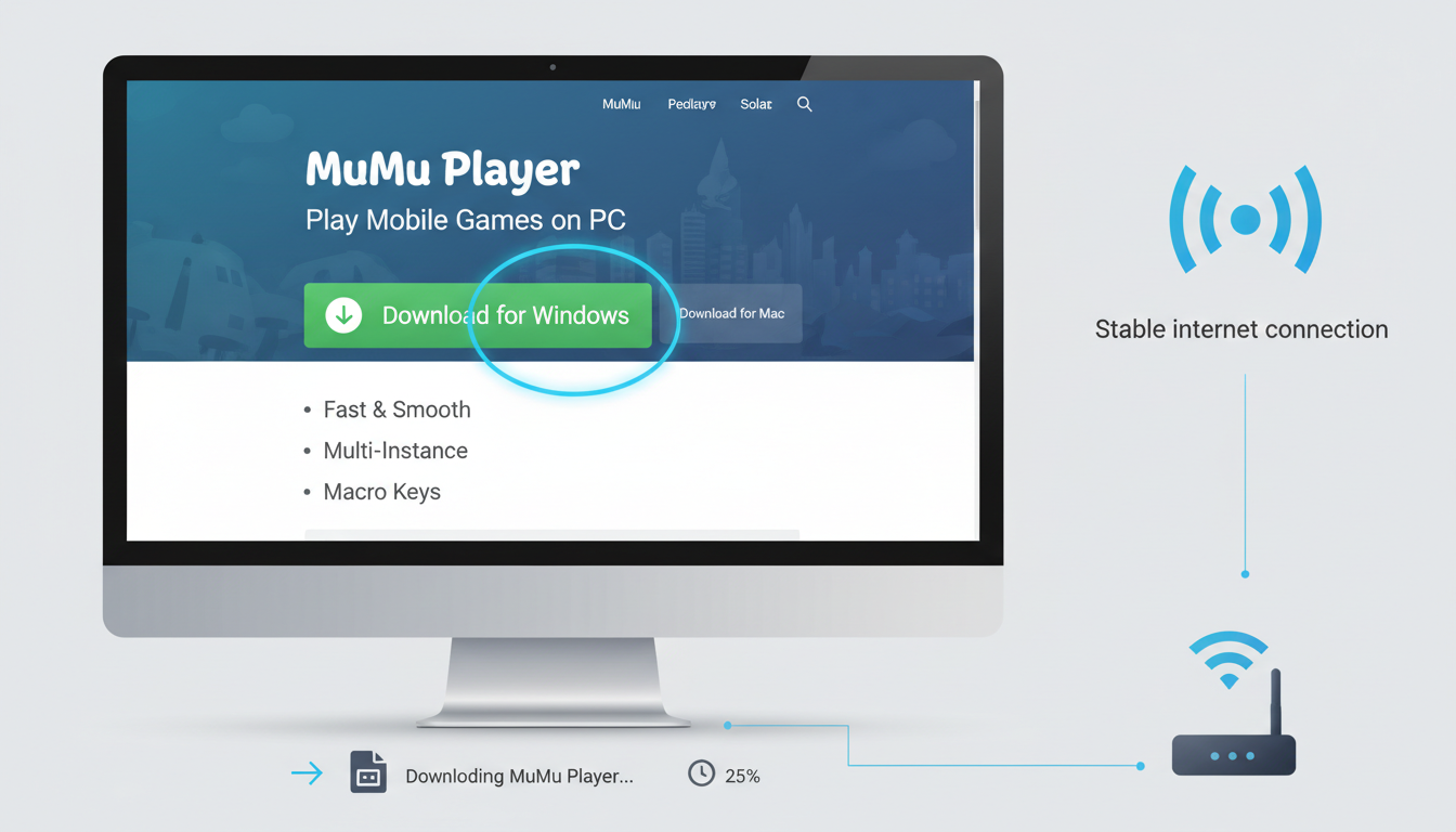 Close-up of MuMu Player download button on official website with stable internet connection.