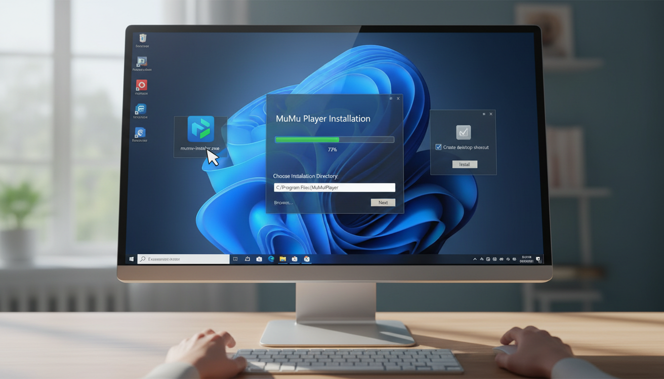 Close-up of Windows installer screen for MuMu Player setup, showing run and installation prompts, sharp and detailed