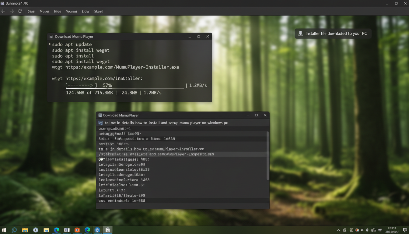 Close-up of Ubuntu desktop showing terminal commands installing Mumu Player on Windows PC.