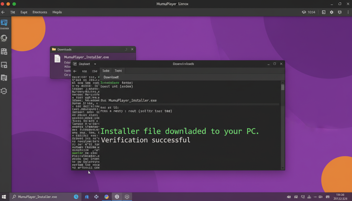 Photorealistic screenshot of a Windows PC showing a successful Mumu Player download and installation process.