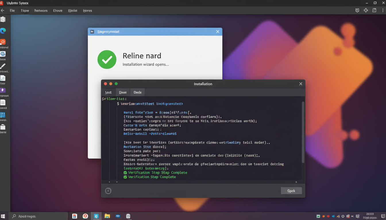 Photorealistic screenshot showing installation wizard open on Windows PC, with a terminal window on Ubuntu Linux verifying setup.