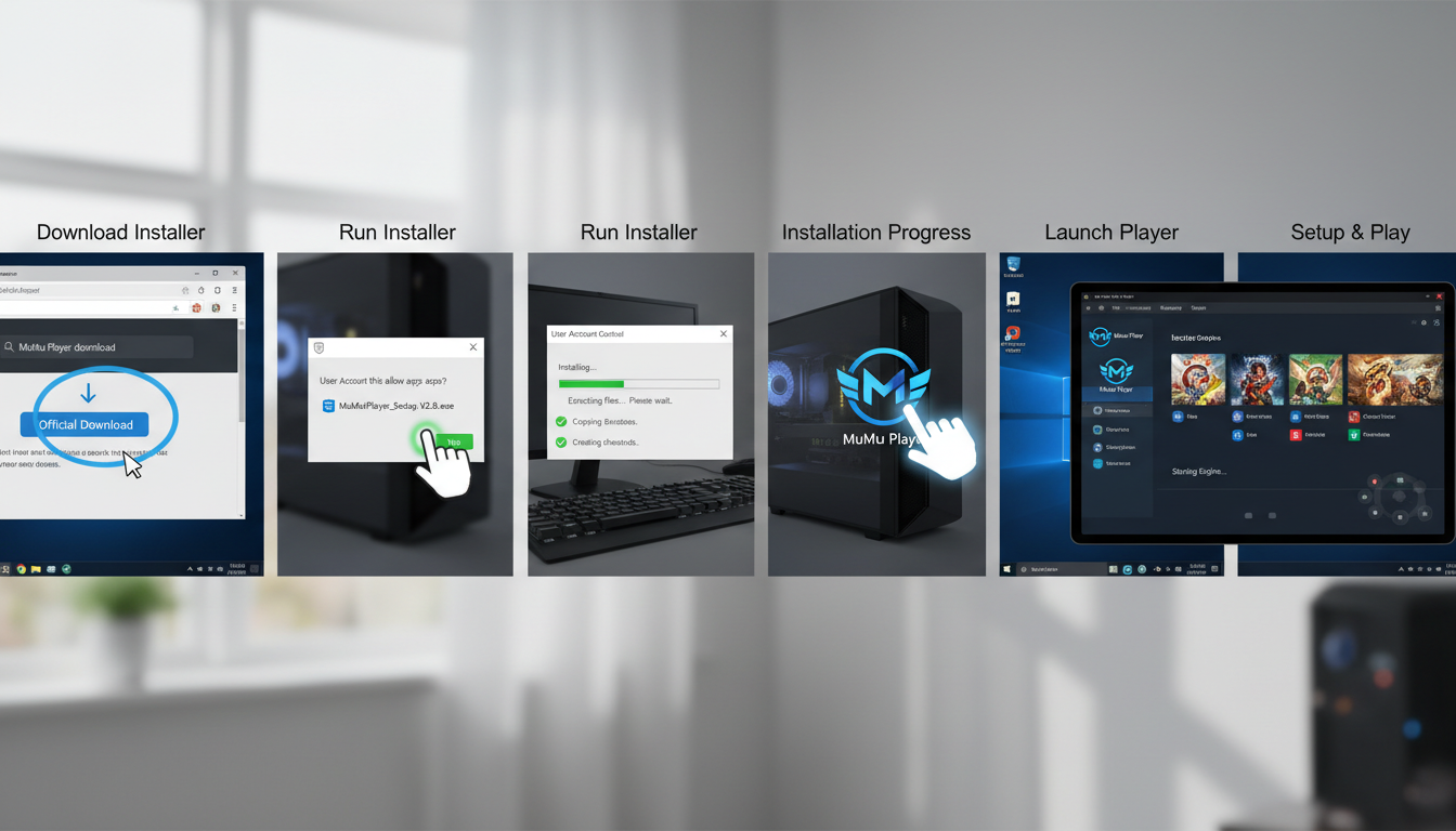 Photorealistic diagram showing step-by-step installation of Mumu Player on Windows PC with clear visuals and technical accuracy.