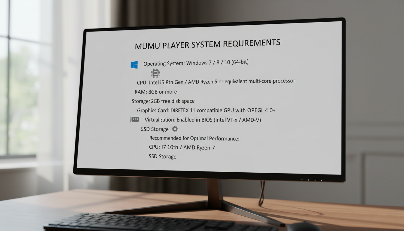 Photorealistic diagram showing system requirements and installation steps for Mumu Player on Windows PC.