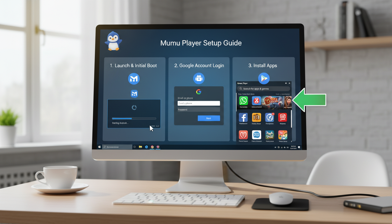 Photorealistic diagram showing step-by-step setup of Mumu Player on Windows PC with natural lighting and sharp focus.