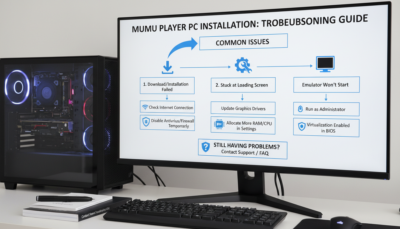 Photorealistic diagram showing step-by-step troubleshooting for MuMu Player installation on Windows PC with natural lighting and sharp focus.