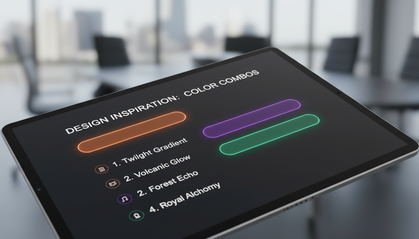 Photorealistic UI with dark background, vibrant orange, purple, green buttons, crystal clear text, cinematic style