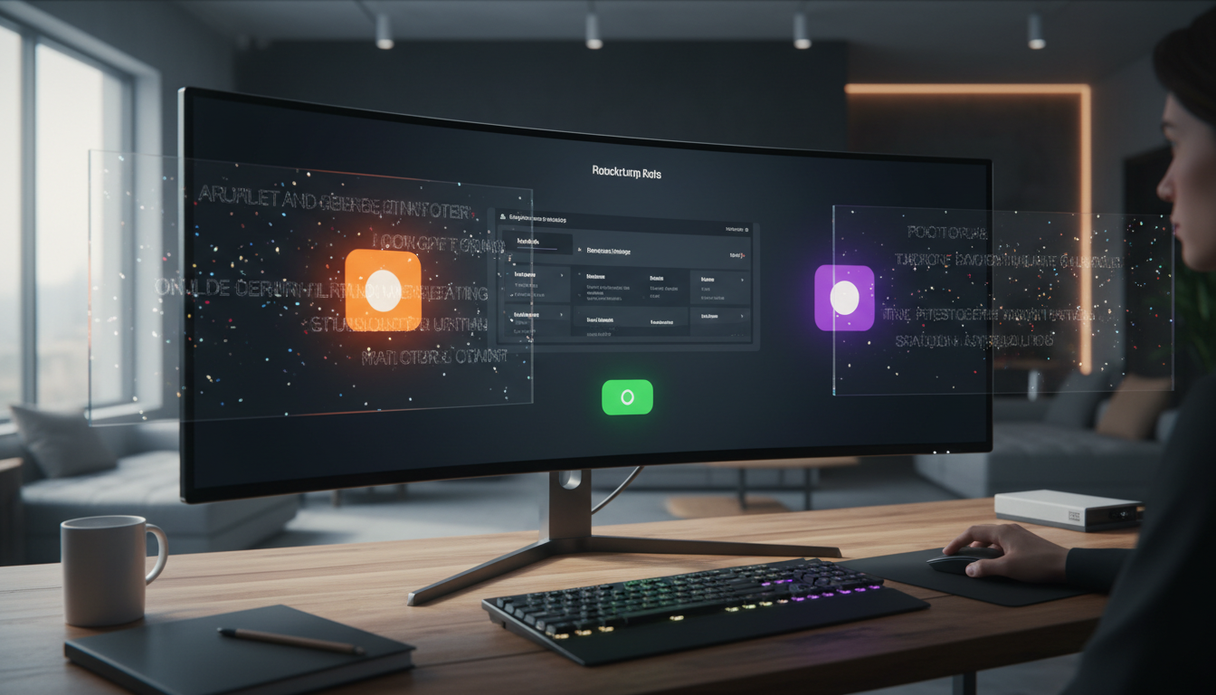 Photorealistic hero banner featuring dark UI with orange, purple, and green buttons, crystal-clear text, modern workspace setting.