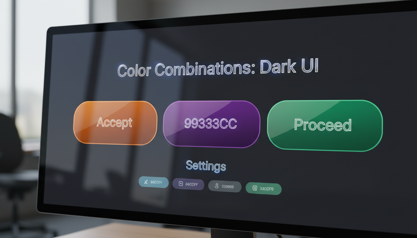 Photorealistic diagram showing best dark UI color combos with orange, purple, green buttons, and clear text.