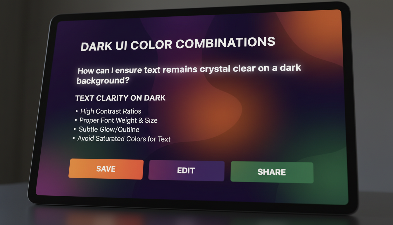 Photorealistic diagram showing best color combos for clear text on dark UI with orange, purple, green buttons.