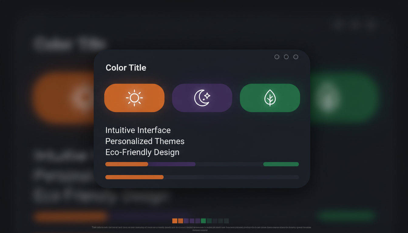 Photorealistic diagram showing effective dark UI color schemes with orange, purple, green buttons, and clear text.